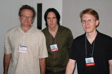 One of my favourite weird game-related photos. John Carmack with Trent Reznor, who did the soundtrack for Quake, and Robin Williams who just liked video games.