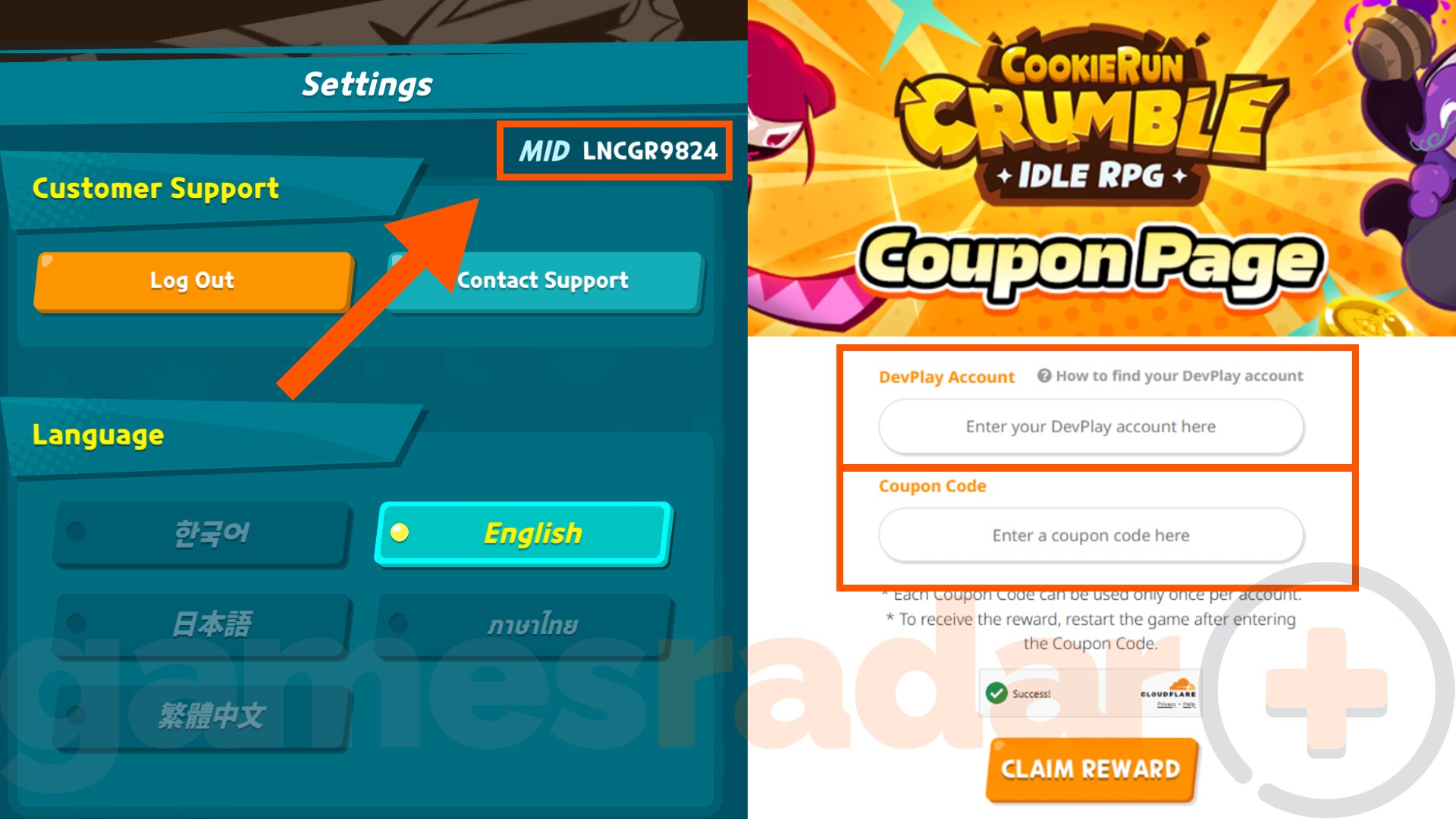 A player's MID shown in-game and the redemption page for Cookie Run Crumble codes.