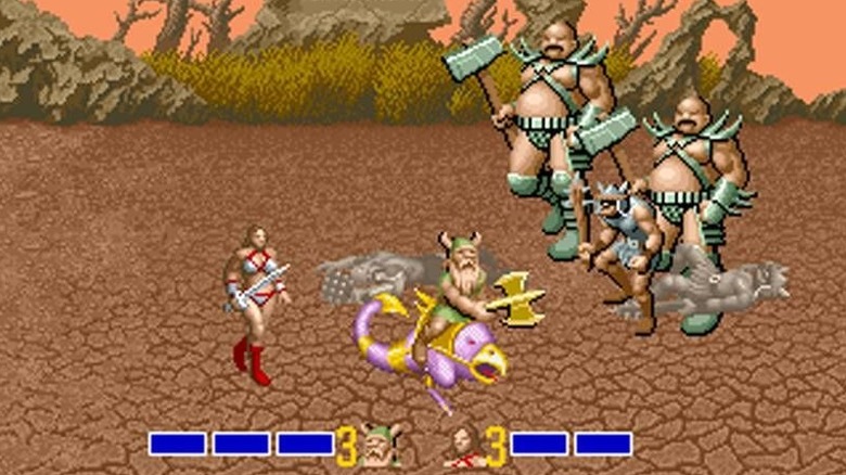 Gilius Thunderbeard and Tyris Flare face a group of barbaric warriors in Golden Axe