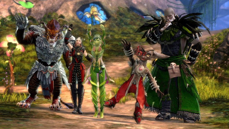 An eclectic group of fantasy figures wave at the camera in Guild Wars 2