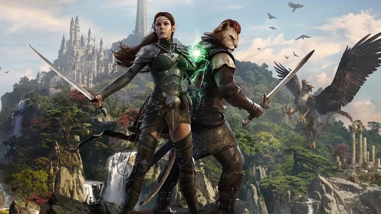 A pair of characters draw their swords in key art for The Elder Scrolls Online: Summerset