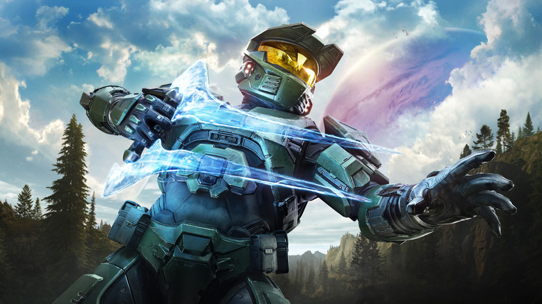 Steve Downes as the voice of Master Chief holding an energy sword on the official poster for Halo: Campaign Evolved