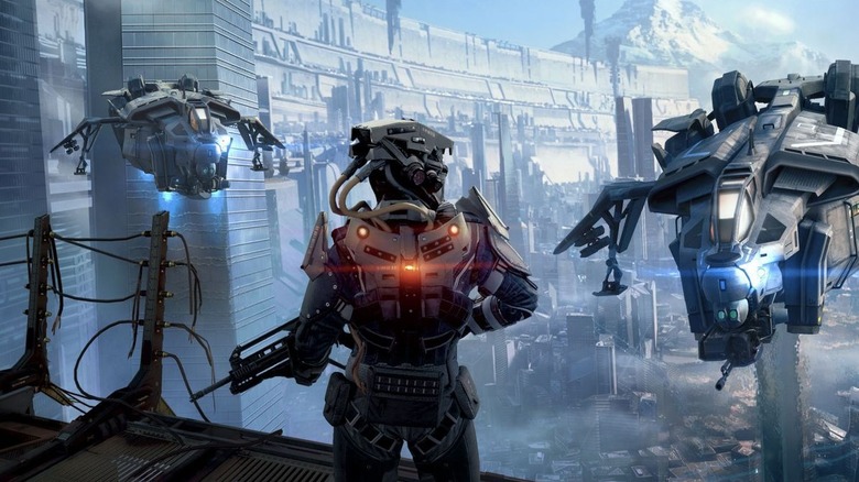 An armored soldier faces two incoming gunships in Killzone Shadow Fall