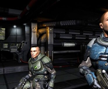 Two soldiers in futuristic battle gear
