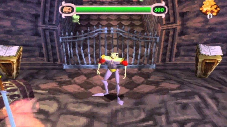 Sir Daniel Fortesque standing by metal gate in MediEvil
