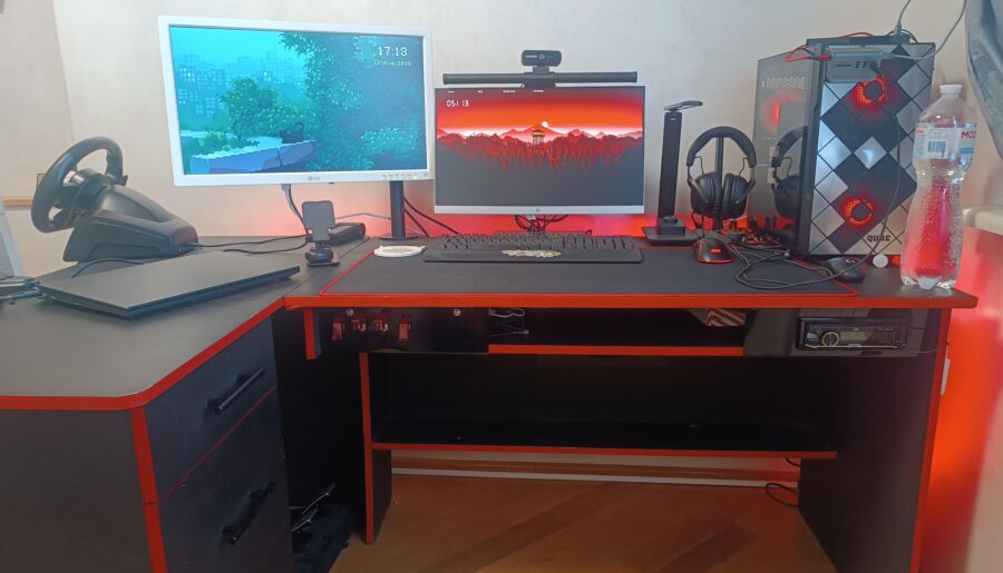 My homemade desk, the switches on the under side power the car radio with a subwoofer and two speakers under the desk, the glowing light and turn on the PC.