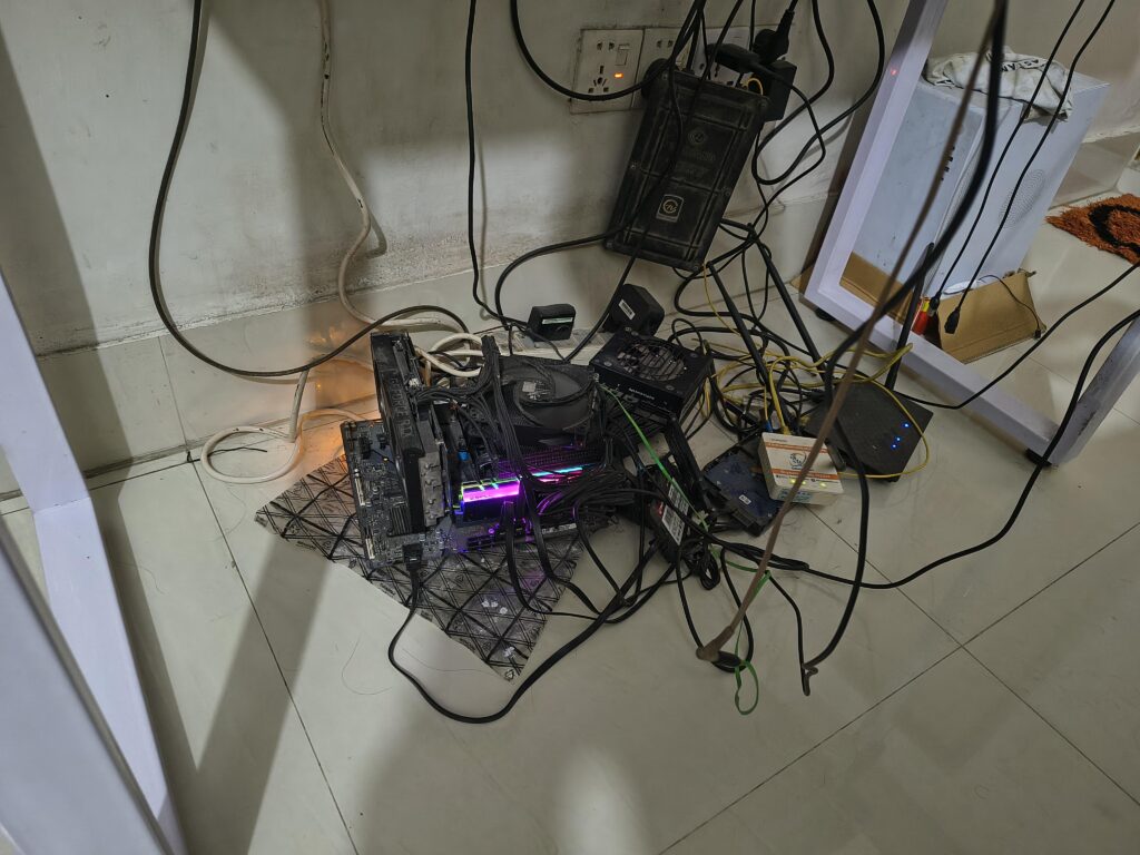 My friend's battle station. At least he put an anti static bag under the mobo.
