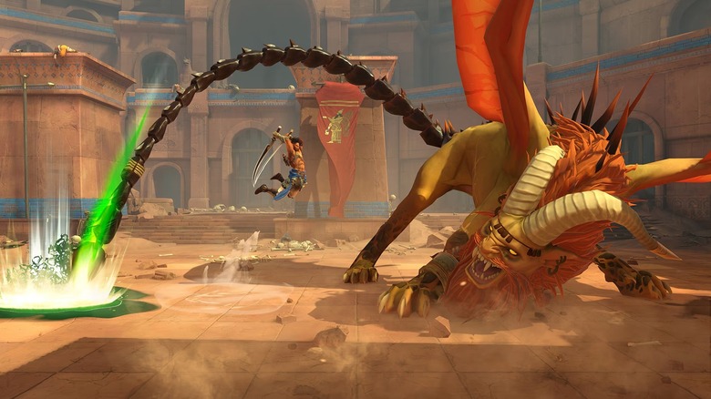 Sargon lunges at a dragon in Prince of Persia: The Lost Crown