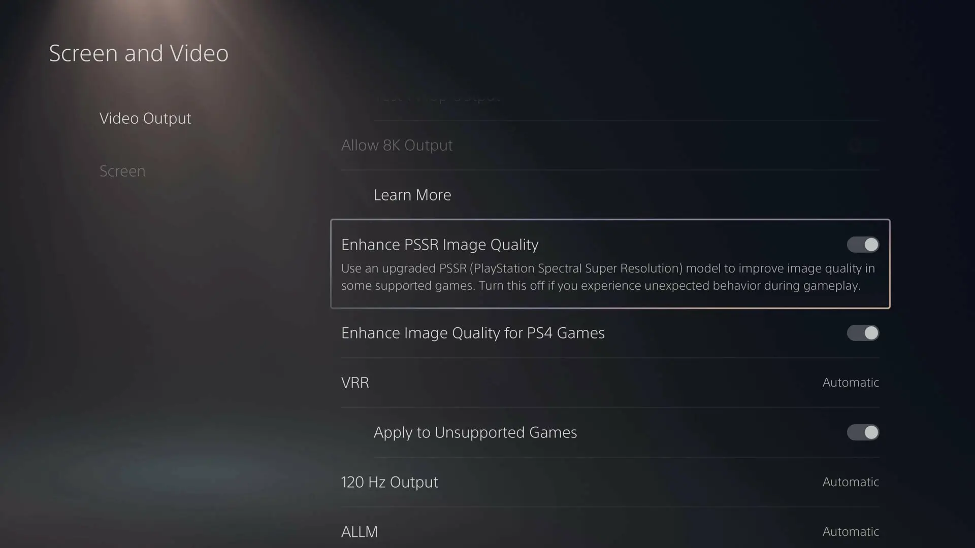 PS5 Pro screen settings showing the toggle for "Enhance PSSR Image Quality".