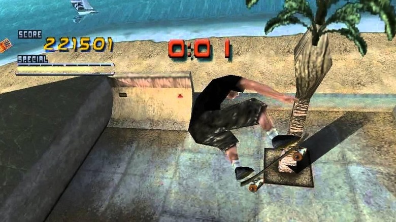 A skater pulls off a kickflip by a palm tree in Tony Hawk's Pro Skater 2
