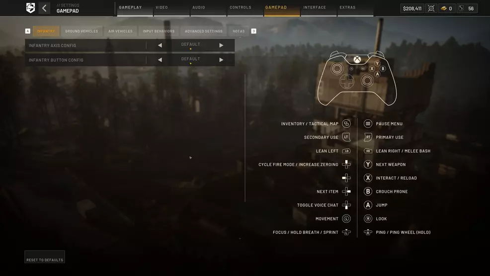The gamepad settings screen in Wardogs
