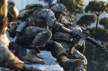 A soldier vaulting over a stone wall with an assault rifle raised in one hand in Call of Duty: Modern Warfare 4