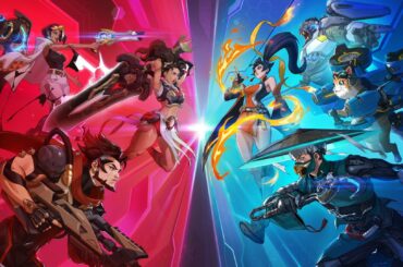 A vibrant illustration featuring characters from 'Overwatch 2' facing off in an intense battle scene, with the left side in