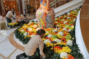 Flowers inside the lobby of Encore Boston Harbor casino.