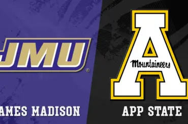 App State football vs. James Madison matchup graphic for 2026, featuring logos from each team.