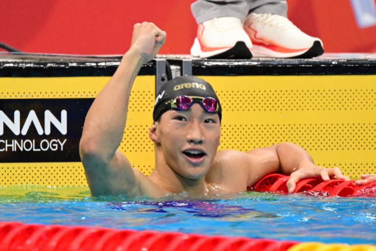TOKYO, JAPAN - SEPTEMBER 24: Shin Ohashi of Japan celebrates winning the gold medal with the New World Record of 2:04.83 after competing in the Swimming Men's 200m Breaststroke Final on day five of the 20th Asian Games Aichi-Nagoya at Tokyo Aquatics Centre on September 24, 2026 in Tokyo, Japan. (Photo by Atsushi Tomura/Getty Images)