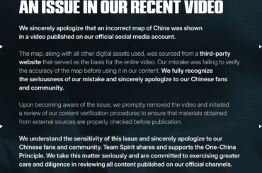 Team Spirit issues apology regarding their latest video and states that they support One-China Principle
