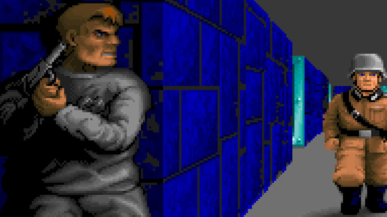 BJ Blaskowicz hides from an approaching German soldier in Wolfenstein 3D